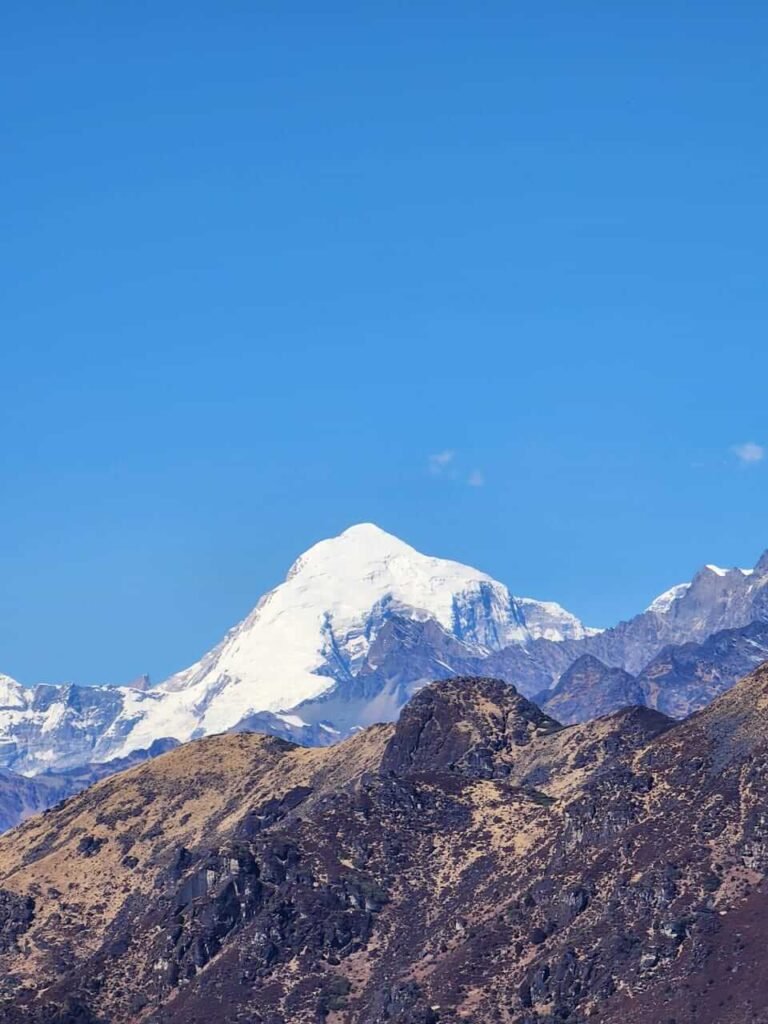 A snow-covered Himalayan summit seen from Bhutan
