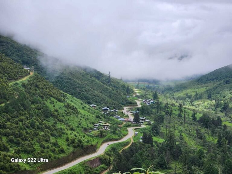 A winding mountain road through a green valley in Bhutan